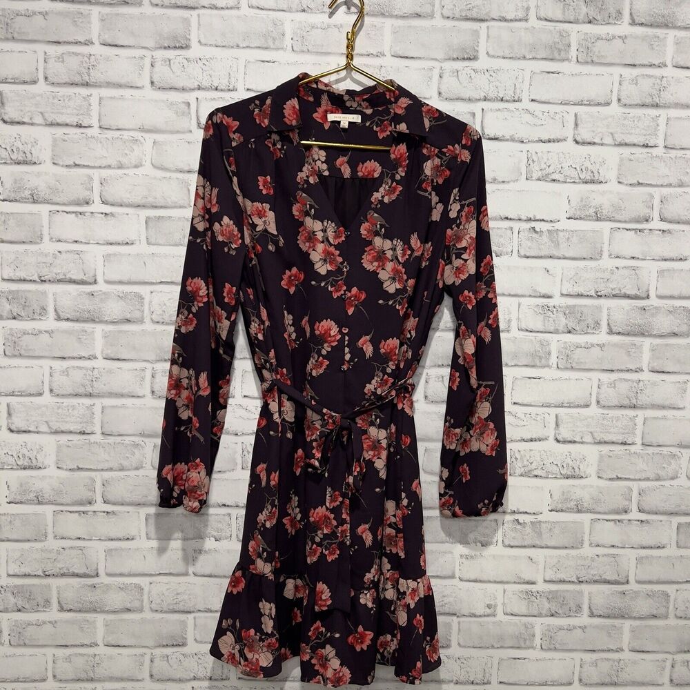Skies are Blue Burgundy Floral Belted Dress SZ Med